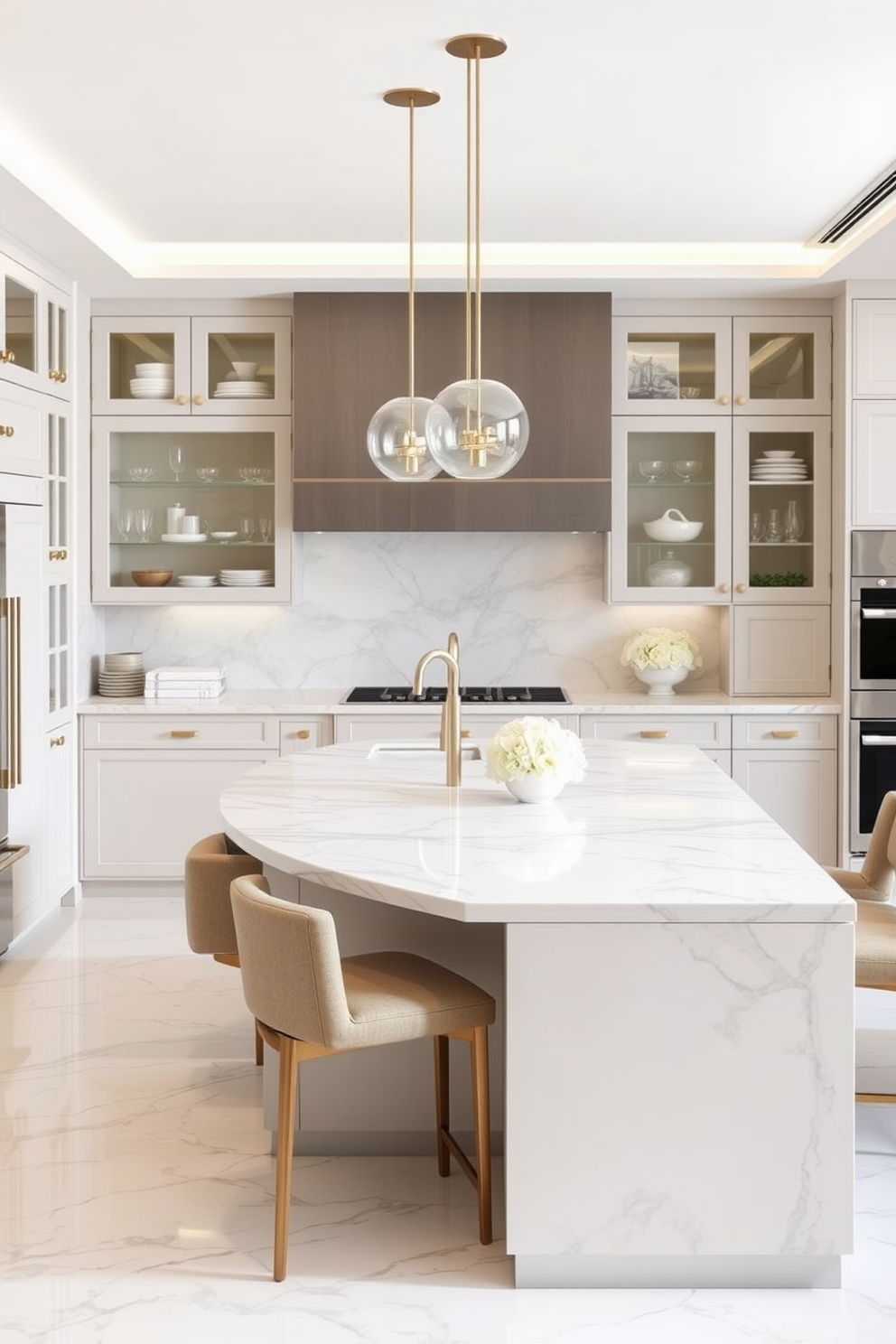 A luxury kitchen design featuring marble countertops that exude timeless elegance. The space includes high-end appliances, a spacious island with bar seating, and custom cabinetry in a soft neutral palette.