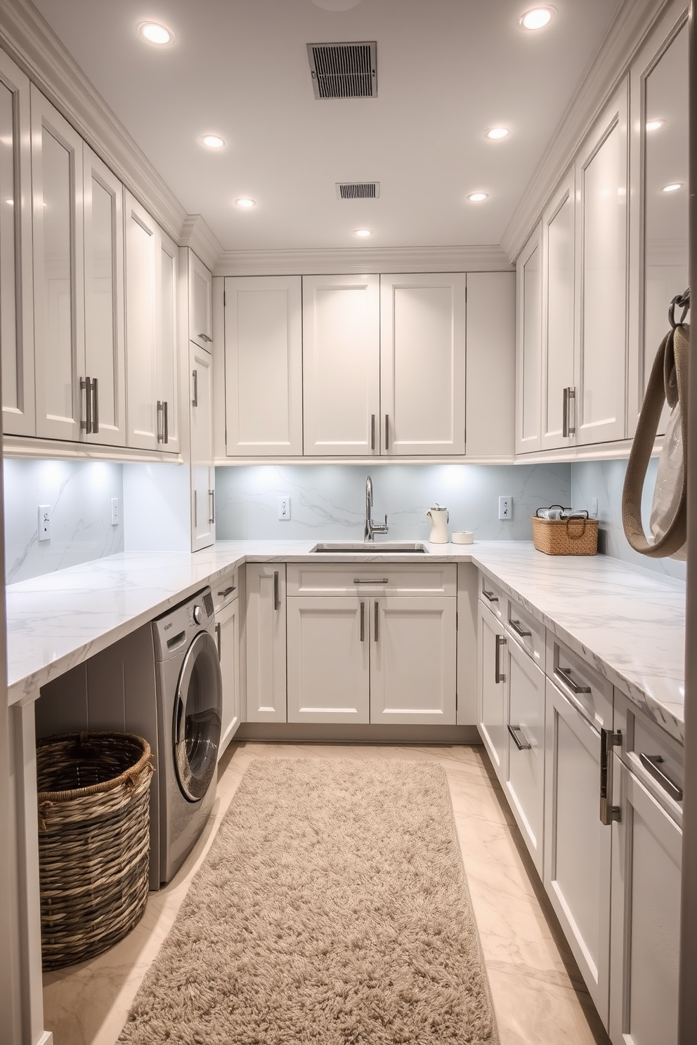 Elegant marble countertops with integrated sink create a seamless and sophisticated look in any laundry room. The space features custom cabinetry in a soft white finish, providing ample storage while maintaining a clean aesthetic. The room is illuminated by recessed lighting, highlighting the beauty of the marble and the sleek design elements. A plush area rug adds warmth to the space, complemented by stylish decorative baskets for organization.