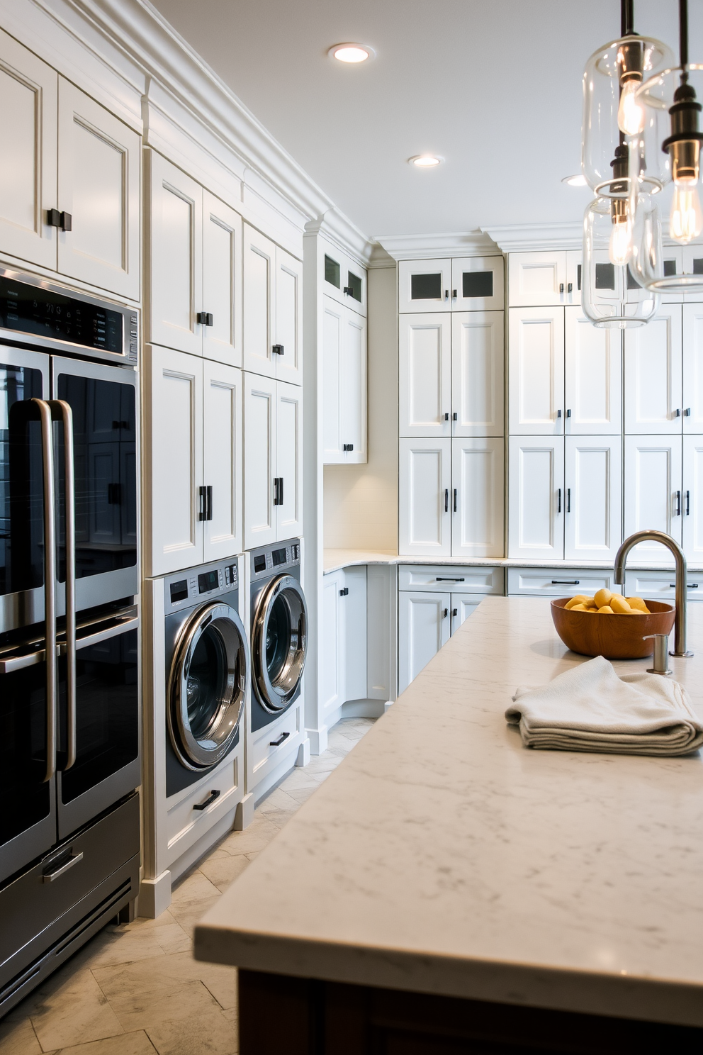 A luxury laundry room features high-end appliances seamlessly integrated into custom cabinetry. The space includes a large island for folding clothes, with elegant lighting fixtures illuminating the area.