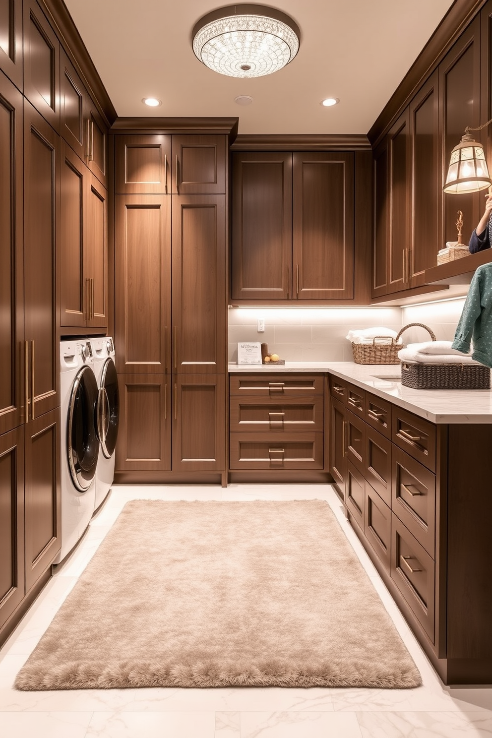 A luxury laundry room features elegant glass-front cabinets that beautifully display neatly organized items. The cabinetry is complemented by a stylish countertop made of quartz, providing ample space for folding clothes and sorting laundry.