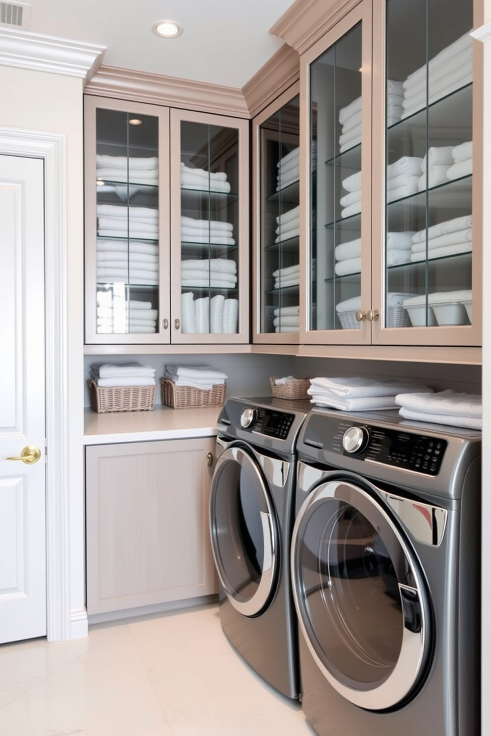 A luxury laundry room features glass-front cabinets filled with neatly folded linens and organized storage baskets. The countertop is made of sleek quartz, providing ample space for folding clothes and sorting laundry.