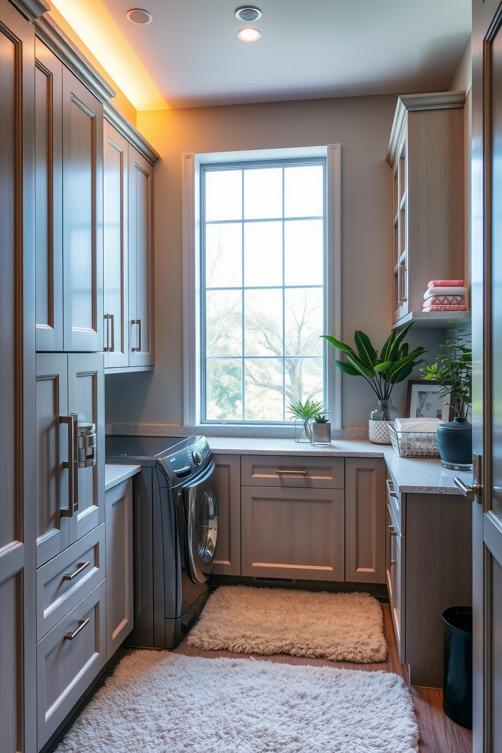 A functional laundry chute seamlessly integrates into a luxury laundry room, providing easy access from upper floors. The room features custom cabinetry with elegant finishes, ample storage, and a stylish countertop for folding clothes. Bright, natural light floods the space through large windows, illuminating the sleek appliances and organized shelving. A plush area rug adds warmth, while decorative elements like potted plants enhance the sophisticated atmosphere.