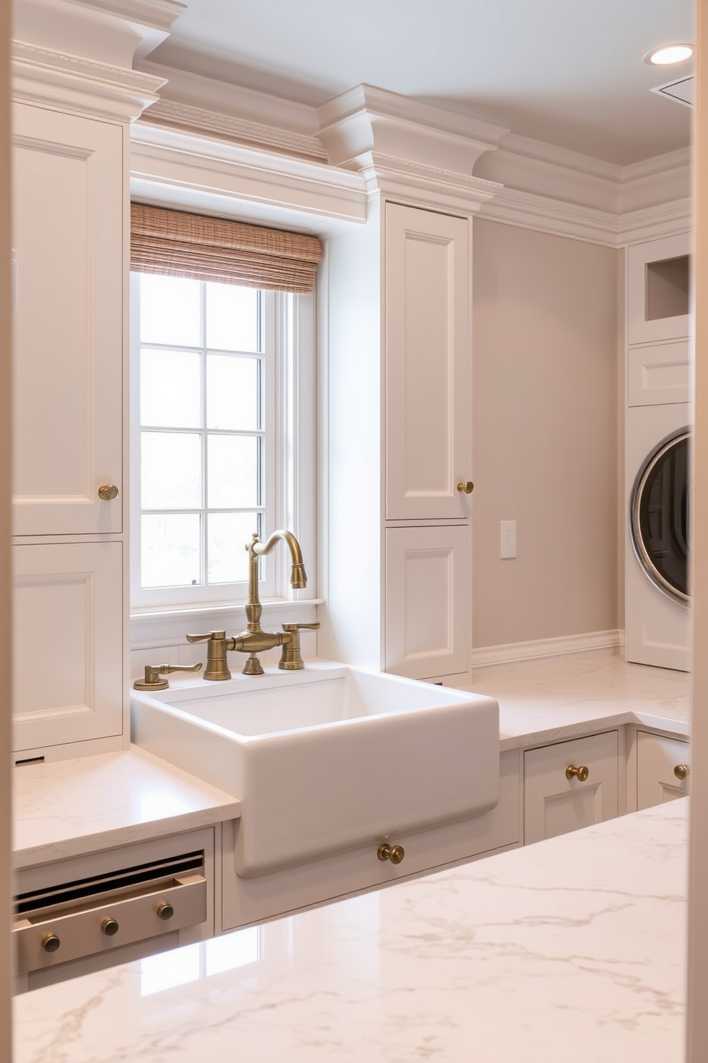 A luxury laundry room featuring a large farmhouse sink with a vintage brass faucet. The cabinetry is painted in a soft white, complemented by natural wood accents and a beautiful quartz countertop.