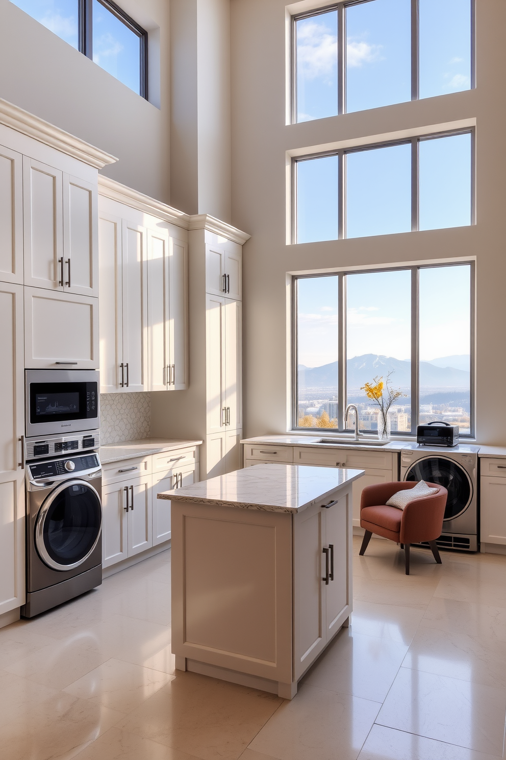 A spacious laundry room bathed in natural light from large floor-to-ceiling windows that frame a picturesque view. The room features sleek cabinetry in a soft white finish, complemented by a stylish island with a marble countertop for folding clothes. High-end appliances are seamlessly integrated into the cabinetry, providing both functionality and elegance. A chic backsplash in a geometric pattern adds a modern touch, while a comfortable seating area invites relaxation amidst the chores.