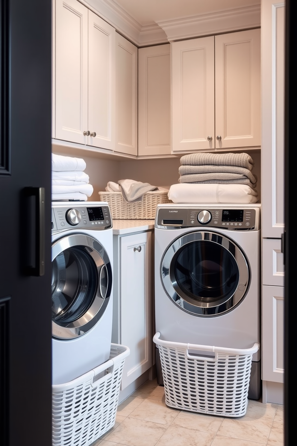 A stylish laundry room features elegant laundry baskets designed for organized sorting. The space includes a sleek countertop for folding clothes and ample storage cabinets in a soft pastel color.