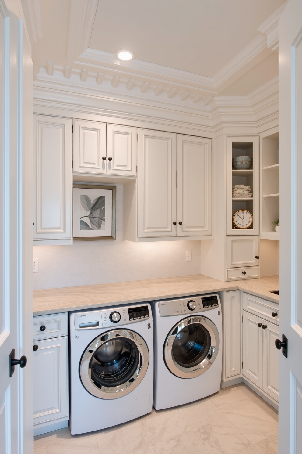 A luxury laundry room featuring elegant crown molding that adds a sophisticated touch to the space. The room includes a stylish washer and dryer set seamlessly integrated into custom cabinetry with ample storage.