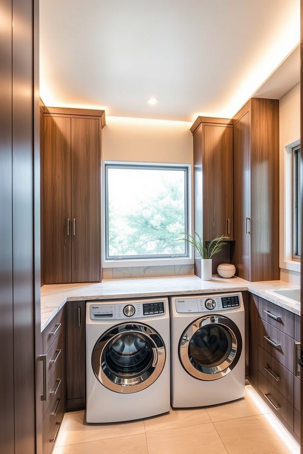 A chic laundry room featuring sliding barn doors that add a rustic yet modern touch. The space is equipped with sleek cabinetry, a spacious countertop for folding clothes, and high-end appliances for efficiency. Natural light floods the room through a large window, enhancing the bright and airy atmosphere. Decorative elements like potted plants and stylish baskets provide both functionality and aesthetic appeal.