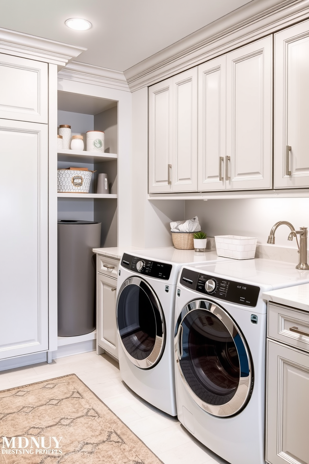 A luxury laundry room features custom cabinetry that maximizes space and provides organized storage solutions. The cabinetry is finished in a sleek white with gold hardware, and the countertops are made of elegant quartz, offering both beauty and functionality.