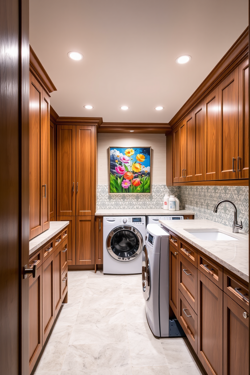 A luxury laundry room featuring custom cabinetry in a warm wood finish. The space includes a large island with a quartz countertop for folding clothes, and a stylish backsplash with intricate tile work. Unique artwork adorns the walls, adding a personal touch to the room. A vibrant painting and framed prints create an inviting atmosphere while maintaining a sense of functionality.