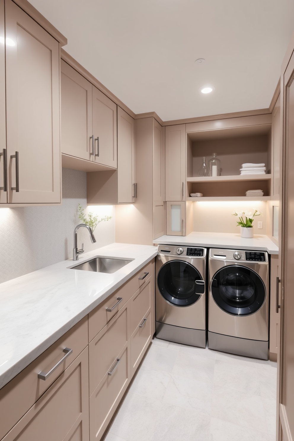 A luxury laundry room features custom cabinetry in a soft white finish with brass hardware. The countertops are made of quartz, providing a durable and elegant workspace for folding clothes. The walls are adorned with framed artwork that reflects personal style, adding a touch of creativity to the space. A stylish area rug lies beneath a modern washing machine and dryer, enhancing comfort and design.