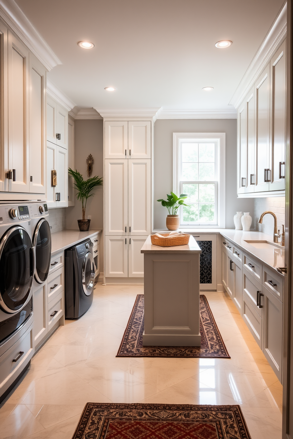 A luxurious laundry room featuring heated floors for ultimate comfort. The space is designed with custom cabinetry in a soft white finish and a large island for folding clothes. Natural light floods in through a window, illuminating the sleek countertops and modern appliances. Decorative elements include a stylish rug and potted plants that add a touch of warmth to the room.