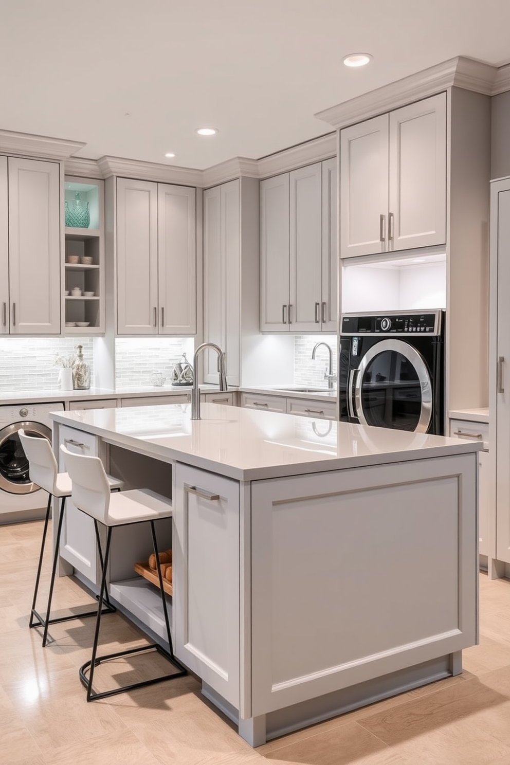 A luxurious laundry room designed with large windows that offer a stunning view of the outdoors. The space features custom cabinetry in a soft white finish, complemented by a marble countertop and a stylish backsplash. High-end appliances are seamlessly integrated into the design, with a spacious sink positioned near the windows for natural light. Decorative elements such as potted plants and elegant storage baskets add a touch of sophistication to the overall aesthetic.