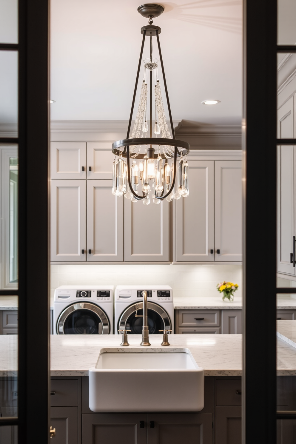 A luxury laundry room featuring vintage accents that exude timeless charm. The space includes a classic farmhouse sink with brass fixtures and a distressed wooden countertop, complemented by elegant cabinetry in a soft pastel hue. Antique decor elements such as a vintage washboard and ornate framed art add character to the room. The flooring is a checkerboard pattern in black and white, creating a striking contrast with the warm tones of the cabinetry.