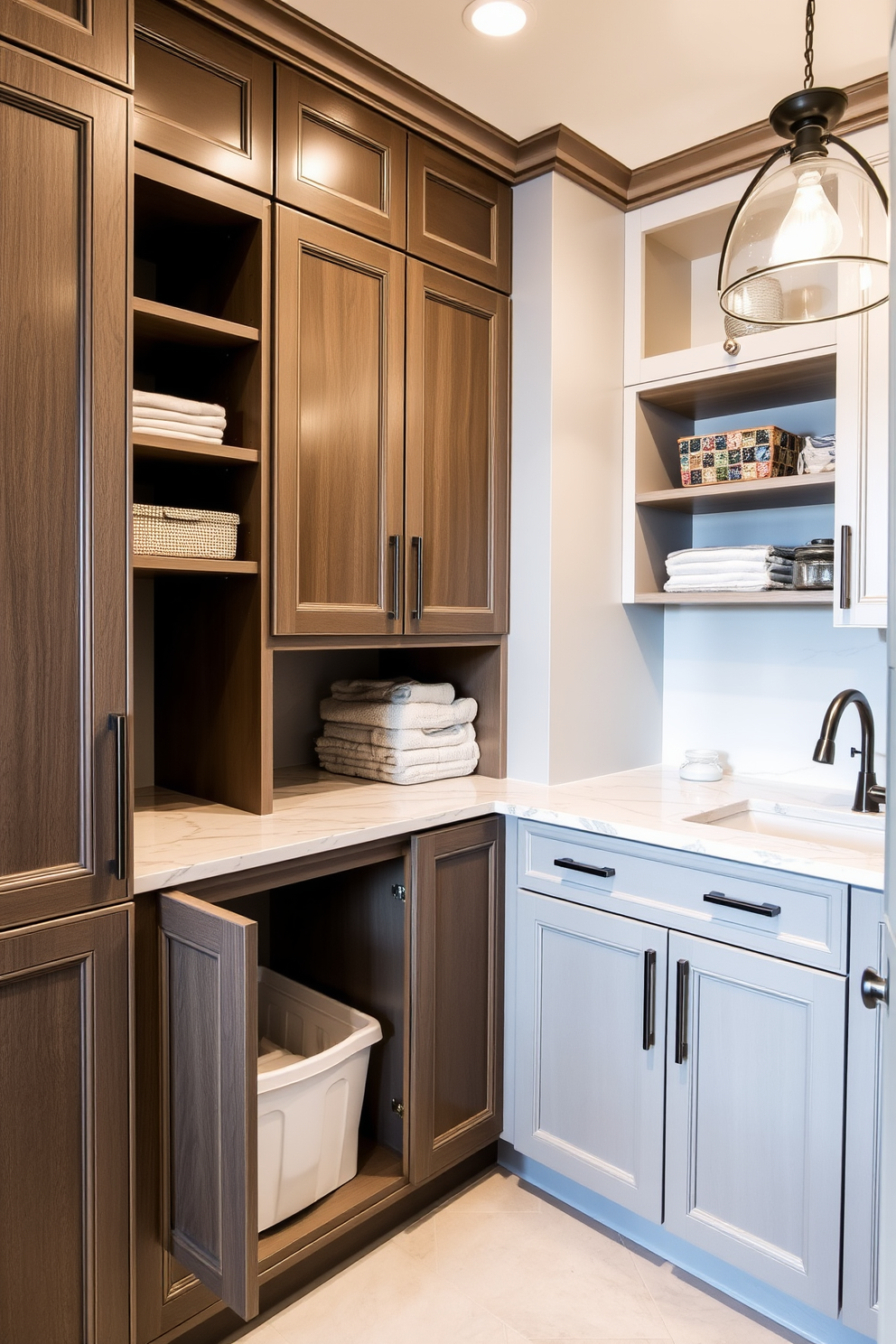 A luxury laundry room features hidden hampers seamlessly integrated into custom cabinetry. The space is adorned with elegant finishes, including a marble countertop and stylish pendant lighting. Ample storage solutions are provided by sleek cabinets and open shelving, creating an organized and functional environment. Soft, neutral colors enhance the room's sophistication while maintaining a clean and inviting atmosphere.