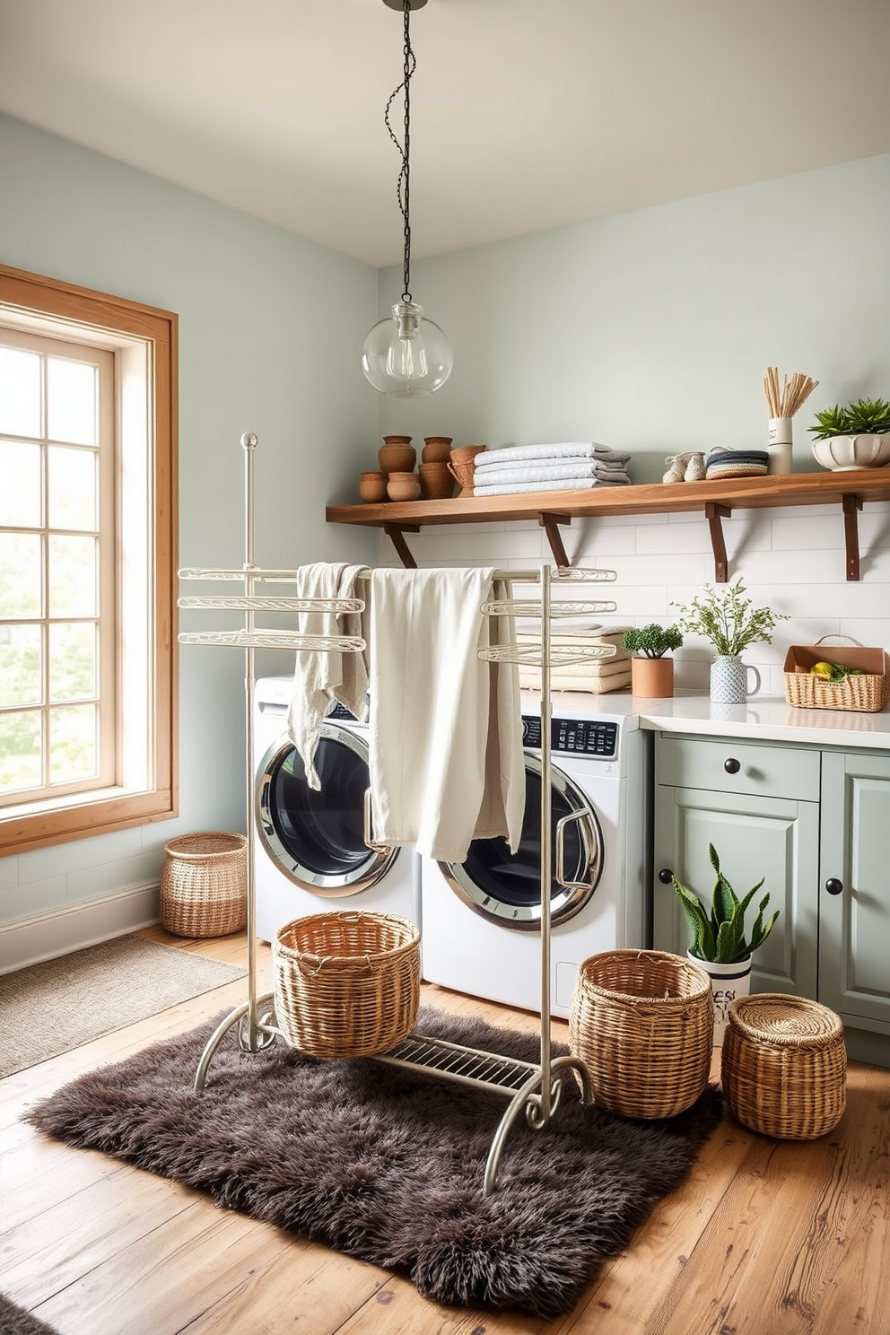 A serene laundry room with a neutral color palette that promotes a calming atmosphere. Soft beige walls complement a light gray cabinetry featuring sleek handles and ample storage space. The room includes a large farmhouse sink with a brushed nickel faucet, surrounded by a smooth white countertop. A stylish, patterned rug adds warmth to the space while a wall-mounted drying rack provides practicality without sacrificing aesthetics.