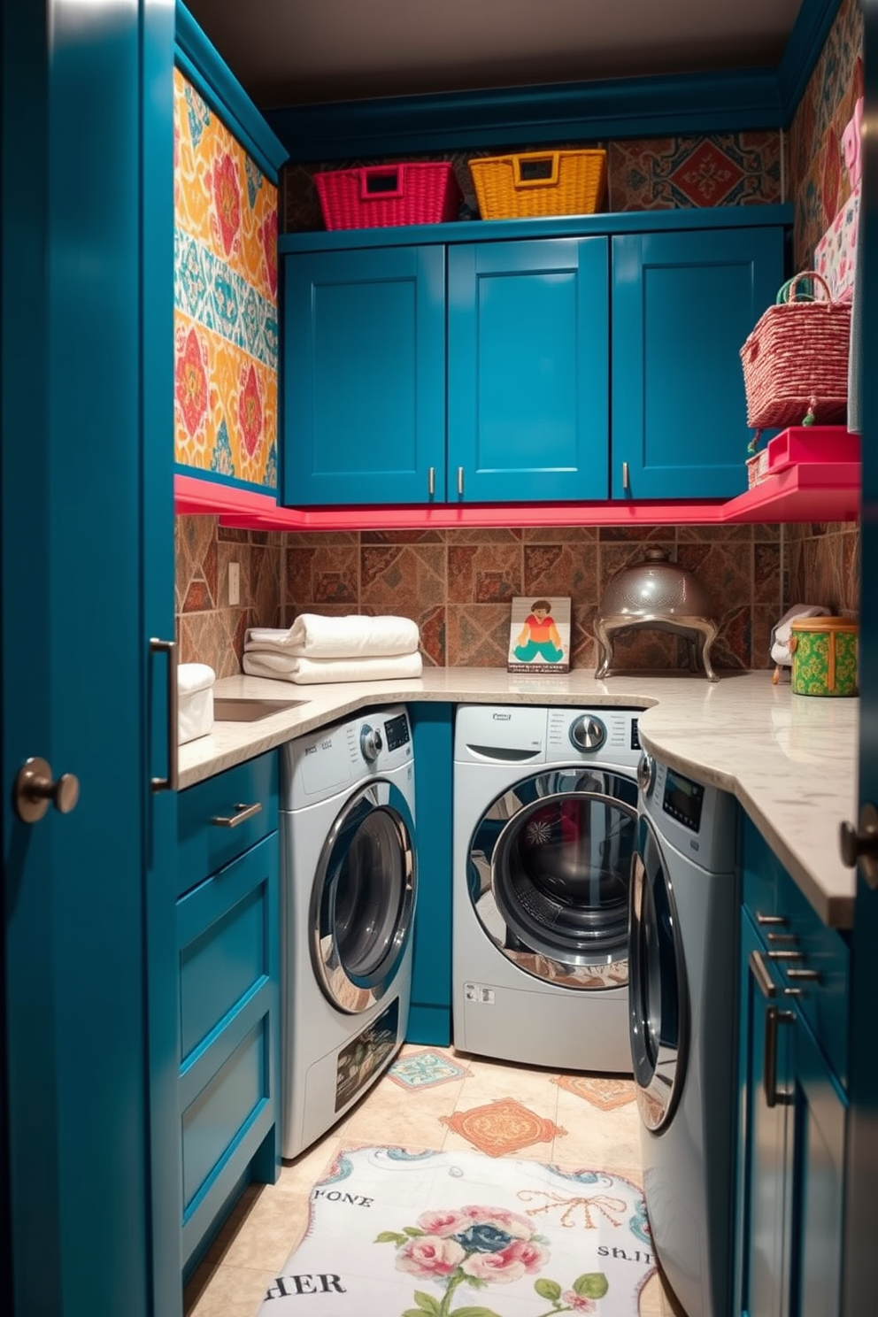 A luxury laundry room features ample task lighting that illuminates the space effectively. Sleek cabinetry in a rich wood finish complements the modern appliances, creating an elegant and functional environment. The countertops are made of durable quartz, providing plenty of workspace for folding and organizing. A stylish backsplash in a soft color adds a touch of sophistication, while decorative baskets keep the area tidy and organized.