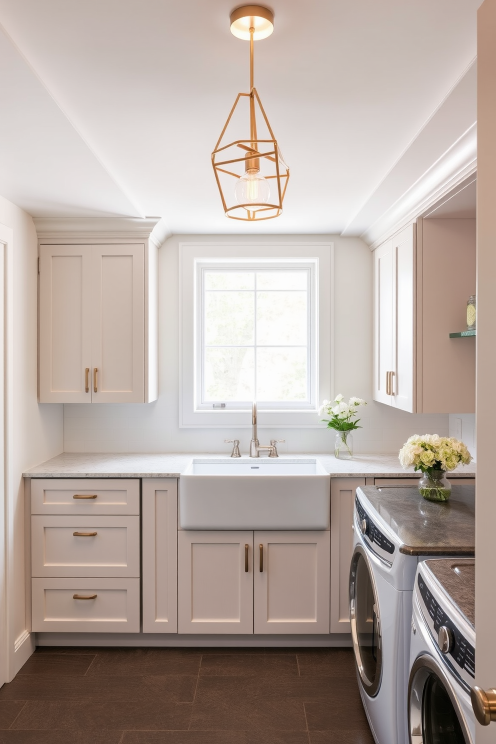 A luxury laundry room features a spacious farmhouse sink made of white porcelain, complemented by brushed nickel fixtures. The cabinetry is a rich navy blue with brass hardware, and the countertops are a warm wood finish, creating a cozy yet elegant atmosphere.