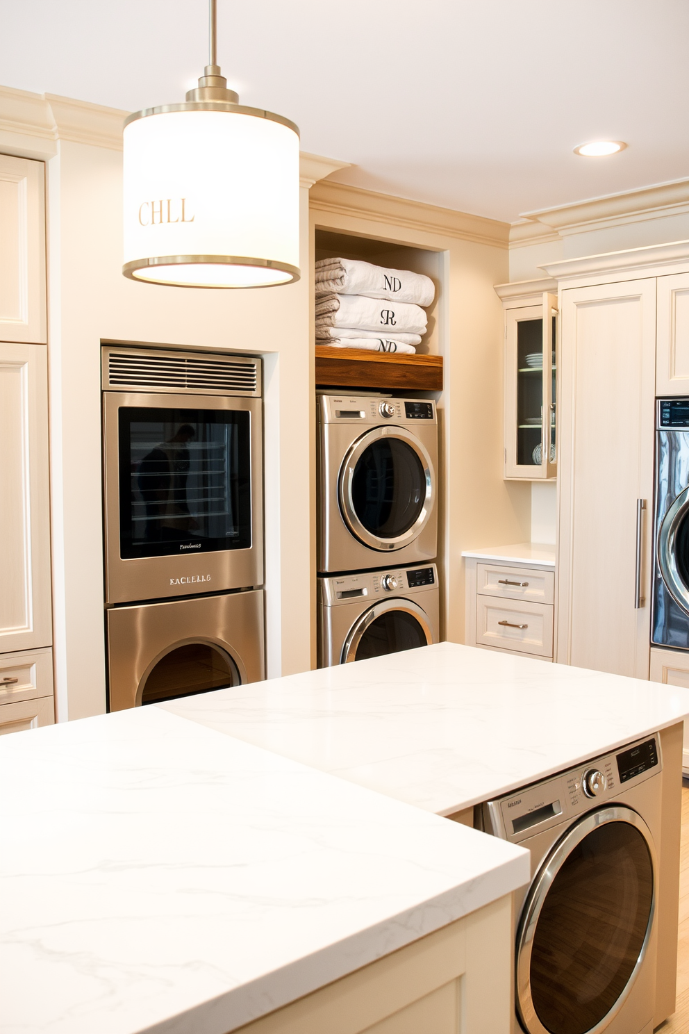 Personalized monogrammed linens are neatly folded and displayed on a wooden shelf, adding a touch of elegance to the space. The walls are painted in a soft cream color, creating a warm and inviting atmosphere. Luxury laundry room design features a spacious layout with high-end appliances seamlessly integrated into custom cabinetry. A large island in the center provides ample workspace, topped with a polished quartz surface for both functionality and style.