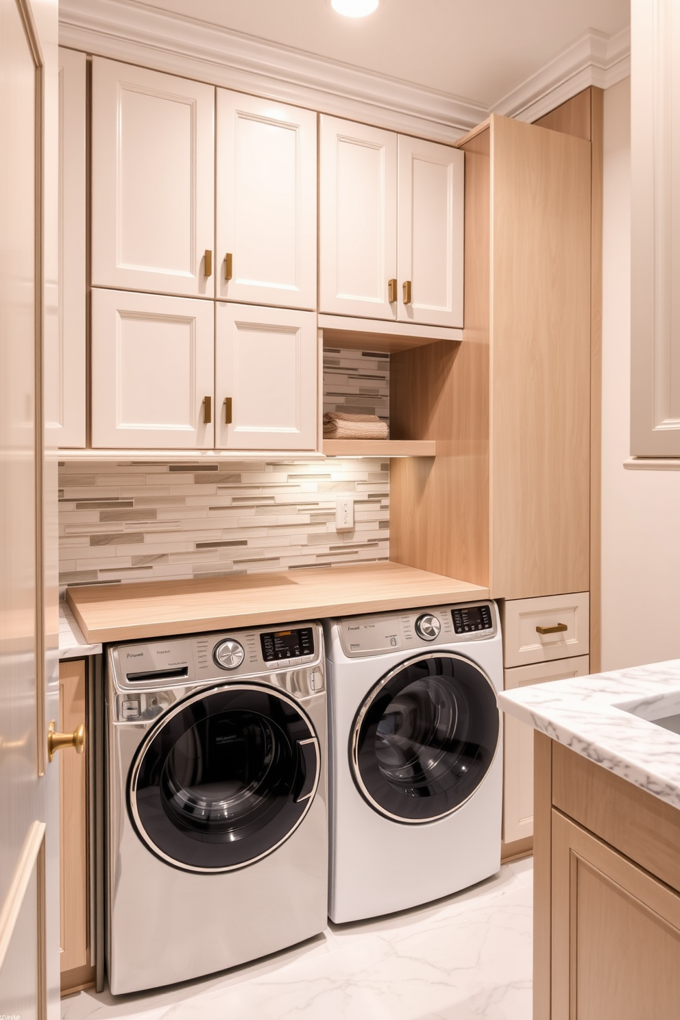 A luxury laundry room features a built-in folding station seamlessly integrated into custom cabinetry. The space is adorned with elegant finishes such as quartz countertops and stylish tile backsplash, creating a functional yet sophisticated atmosphere.