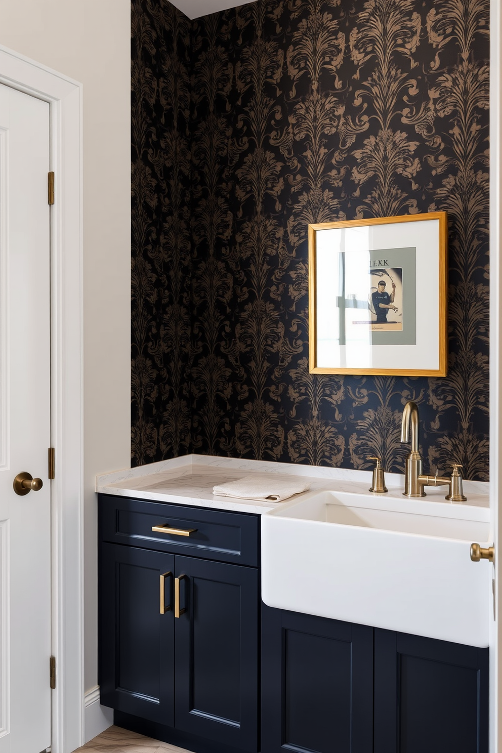 Luxurious wallpaper in a rich damask pattern adorns a statement wall, creating an opulent focal point in the room. Soft ambient lighting highlights the intricate details of the wallpaper, enhancing the overall elegance of the space. The laundry room features sleek cabinetry in a deep navy blue, providing ample storage while maintaining a sophisticated look. A large farmhouse sink with a brushed nickel faucet complements the design, making the space both functional and stylish.