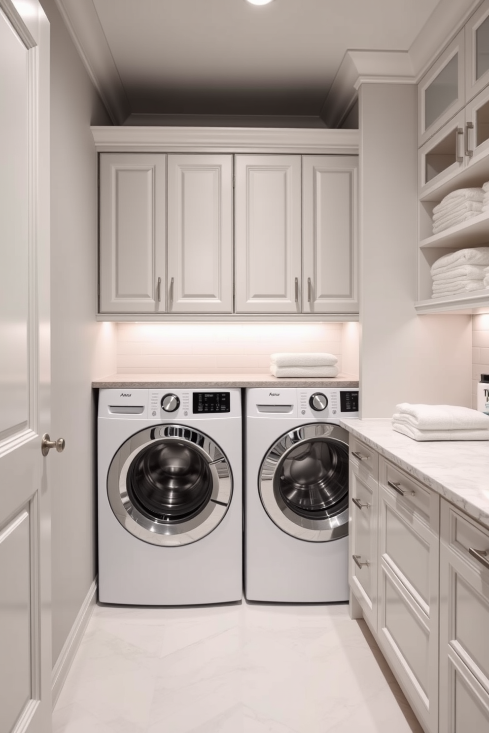 A luxury laundry room features a stackable washer and dryer that seamlessly blend into the overall design. The room is adorned with sleek cabinetry in a soft white finish and elegant gold hardware, providing ample storage and a polished look. Natural light floods the space through a large window, illuminating the beautiful marble countertops and stylish backsplash. A plush area rug adds warmth, while decorative baskets neatly organize laundry essentials, enhancing both functionality and aesthetics.