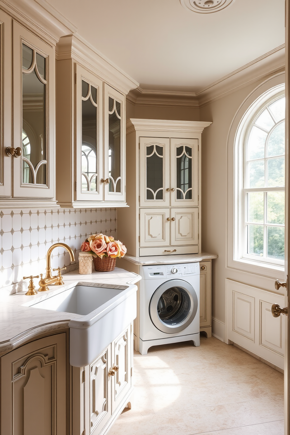 A luxury laundry room features vintage-inspired fixtures that exude a timeless charm. The space includes a farmhouse sink with a polished brass faucet and elegant cabinetry with intricate detailing. Soft natural light filters through a large window, illuminating the room's classic design elements. The walls are adorned with soft pastel colors, complementing the vintage aesthetic while providing a serene atmosphere.