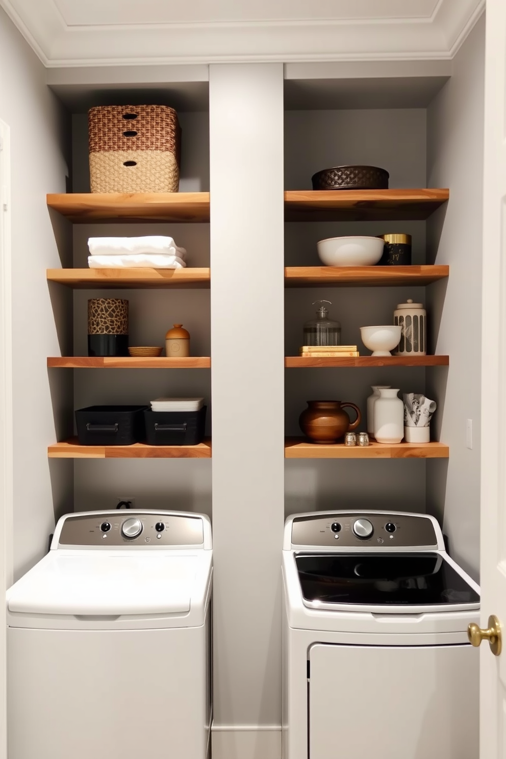 A luxury laundry room features open shelving that elegantly showcases decorative storage items. The walls are painted in a soft gray hue, while the shelves are made of reclaimed wood, creating a warm and inviting atmosphere.