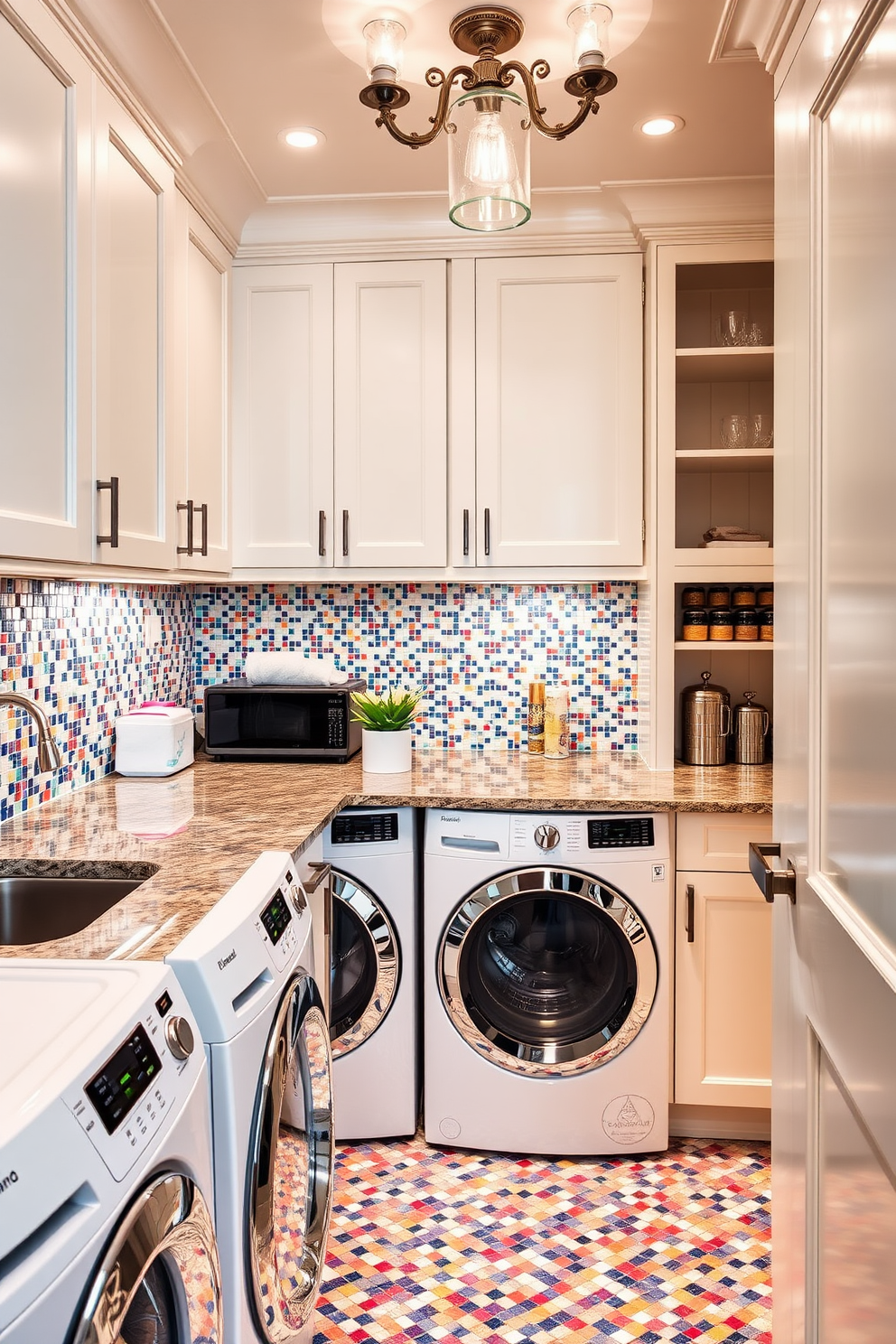 A luxury laundry room featuring durable luxury vinyl flooring that combines style and functionality. The space includes a spacious countertop for folding clothes, with custom cabinetry providing ample storage.