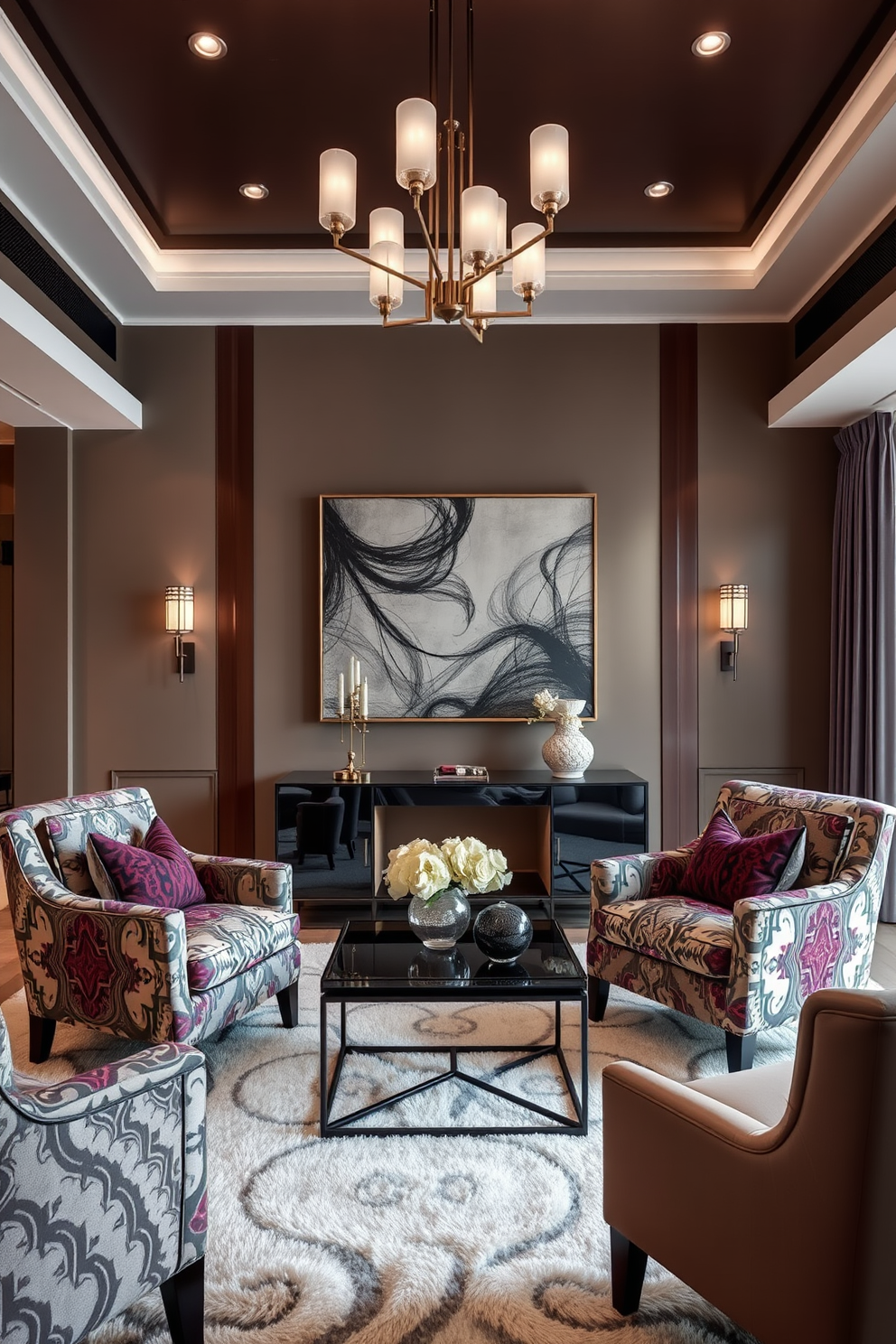 A luxury living room featuring statement armchairs with bold patterns and rich textures. The space is adorned with a plush area rug, elegant lighting fixtures, and a contemporary coffee table that complements the overall aesthetic.