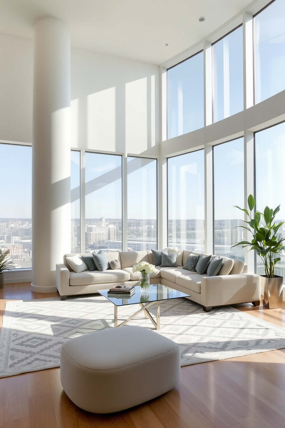 A luxurious living room bathed in natural light from expansive floor-to-ceiling windows. The space features a plush sectional sofa in a soft neutral tone paired with a sleek glass coffee table and an elegant area rug.