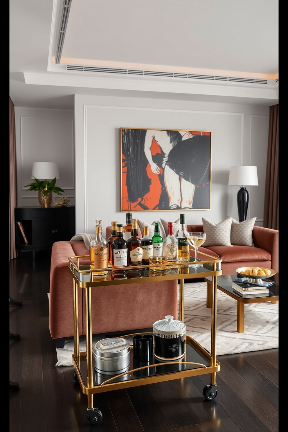 A stylish bar cart for entertaining guests. The cart features a sleek design with gold accents and is adorned with an array of premium spirits and elegant glassware. Luxury living room design ideas. The space includes a plush sectional sofa in a rich fabric, complemented by a statement coffee table and an oversized piece of artwork that adds character to the room.