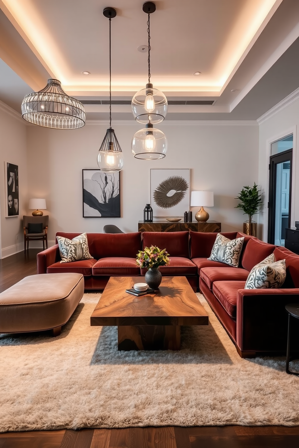 A luxury living room featuring unique lighting fixtures that serve as conversation starters. The space includes a plush sectional sofa in a rich velvet fabric, accented by an oversized coffee table made of reclaimed wood. Statement pendant lights hang from the ceiling, casting a warm glow over the room. Walls are adorned with contemporary art pieces, and a soft area rug anchors the seating arrangement, creating an inviting atmosphere.