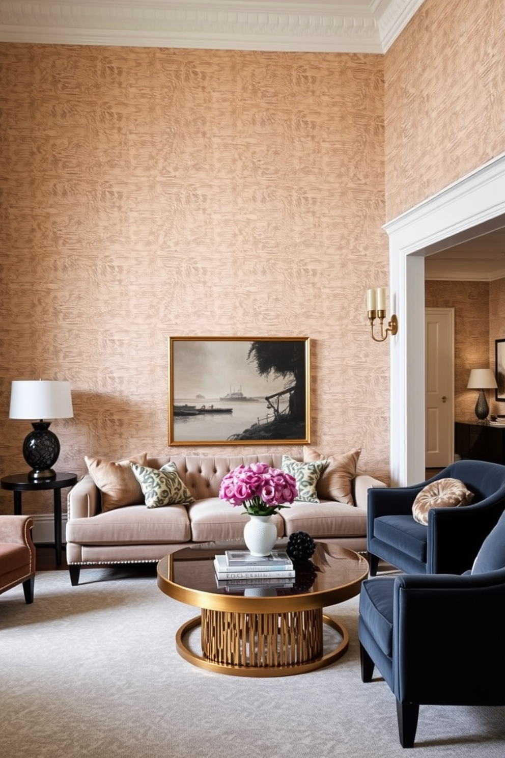 A luxurious living room featuring textured wallpaper that adds depth and visual interest to the space. The room is adorned with elegant furnishings, including a plush velvet sofa and a statement coffee table, creating a warm and inviting atmosphere.