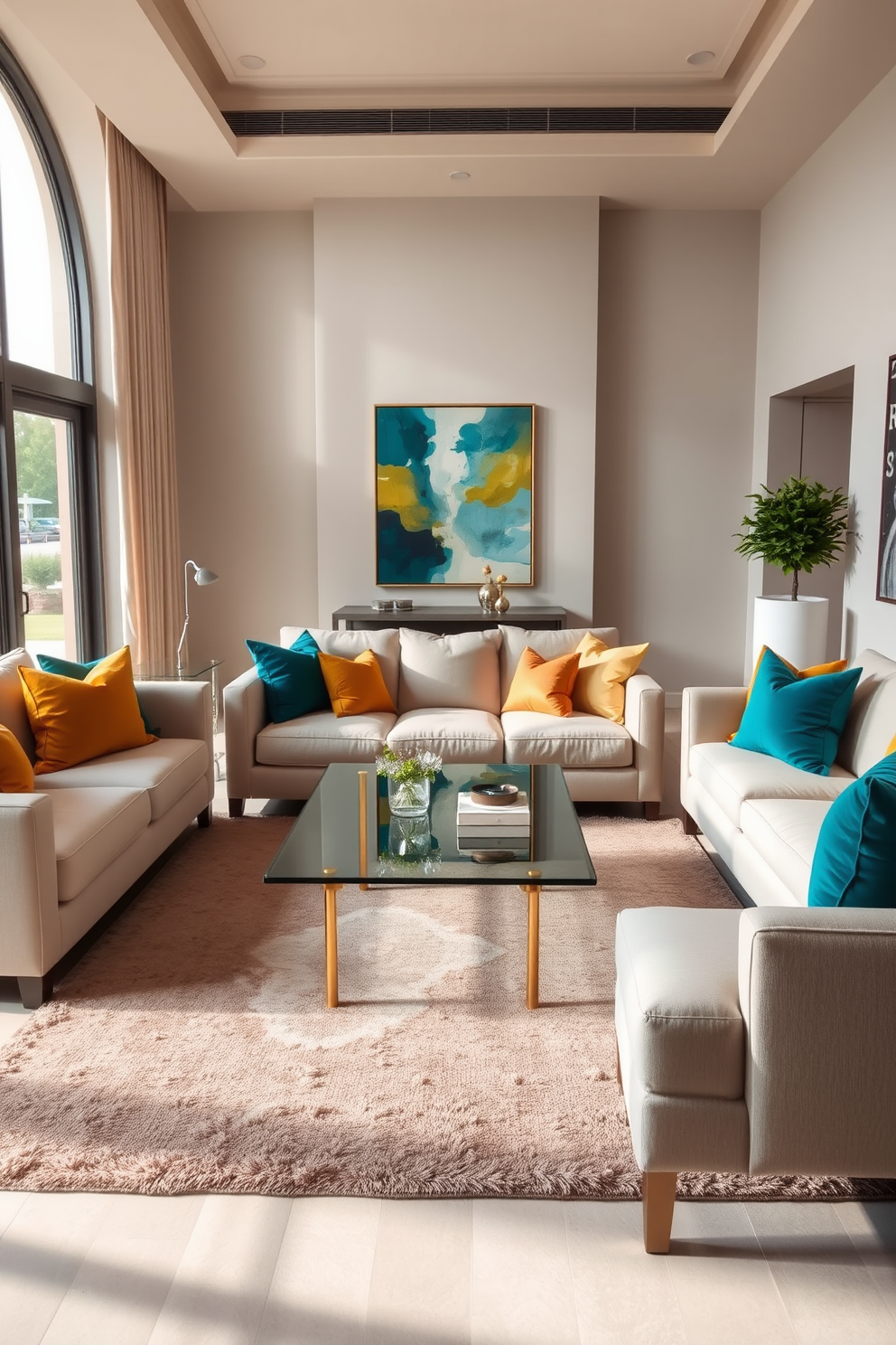 A luxury living room featuring a neutral color palette that exudes elegance and sophistication. Plush sofas in soft beige are accented with vibrant throw pillows in shades of teal and mustard. A sleek coffee table made of glass and gold legs sits at the center, surrounded by a cozy area rug in muted tones. Large windows allow natural light to flood the space, highlighting the artwork displayed on the walls.