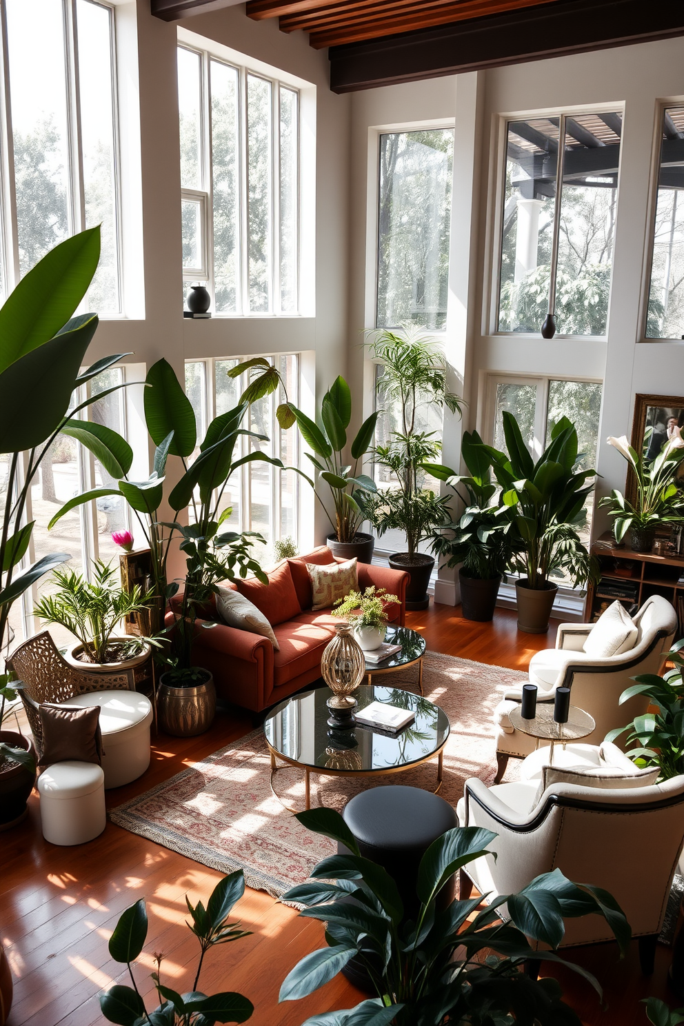 A luxurious living room filled with indoor plants that create a fresh and inviting ambiance. Large potted plants are strategically placed in the corners, while smaller ones adorn the coffee table and shelves. The seating arrangement features a plush sectional sofa in a rich fabric, complemented by elegant accent chairs. Natural light pours in through expansive windows, highlighting the warm tones of the wooden flooring and the soft textures of the decor.