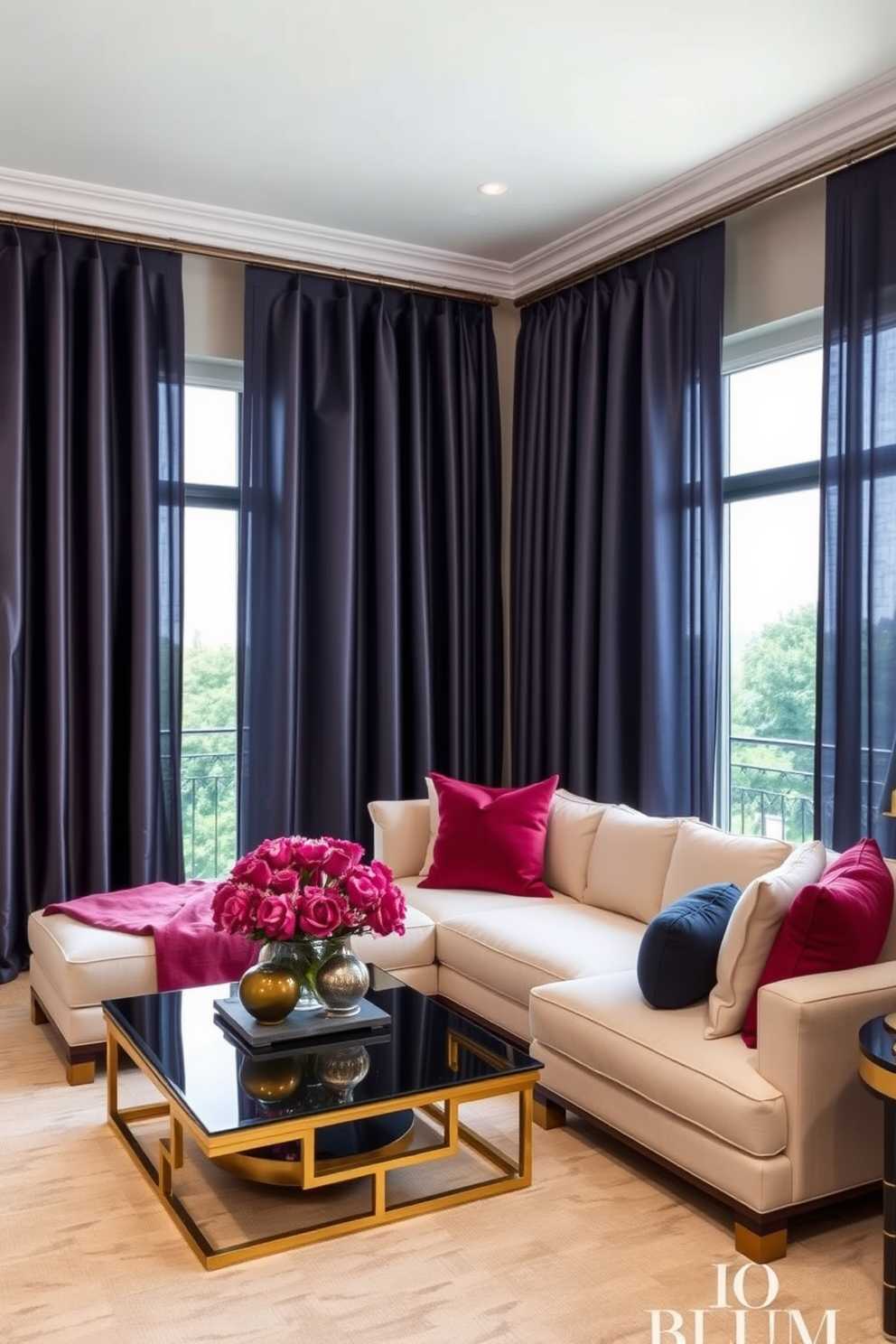 A luxury living room designed for comfort and elegance. The space features a plush sectional sofa in a rich velvet fabric, complemented by a pair of oversized armchairs with intricate detailing. A sleek coffee table sits at the center, crafted from glass and gold accents. The walls are adorned with a mix of contemporary art pieces and personal photographs, creating a warm and inviting atmosphere.