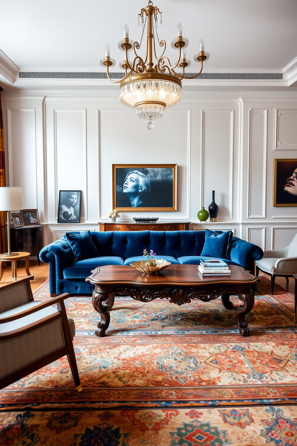 A luxurious living room that blends modern and vintage furniture. The centerpiece is a plush velvet sofa in deep blue paired with an antique wooden coffee table featuring intricate carvings. On one side, a sleek mid-century armchair complements a vintage rug with bold patterns. The walls are adorned with contemporary art pieces, while a vintage chandelier hangs elegantly from the ceiling.