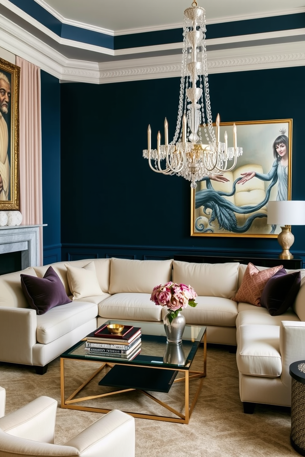 A luxury living room featuring an accent wall painted in a deep navy blue that contrasts beautifully with soft cream-colored furnishings. The space includes a plush sectional sofa, a glass coffee table, and elegant artwork that enhances the sophisticated ambiance. The room is illuminated by a stunning chandelier that adds a touch of glamour. Rich textures such as velvet throw pillows and a patterned area rug provide warmth and comfort to the overall design.