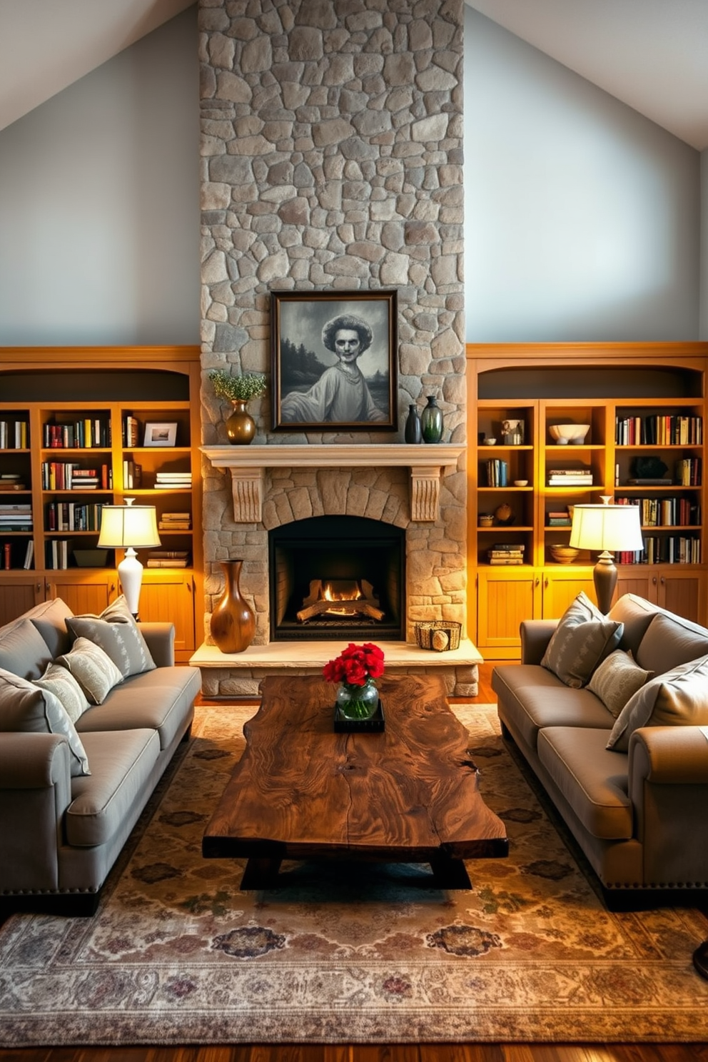 Cozy fireplace as a room centerpiece. The fireplace is framed by a beautiful stone mantel and flanked by built-in bookshelves filled with books and decorative items. Plush sofas are arranged in a U-shape around a large coffee table made of reclaimed wood. Soft, warm lighting from elegant floor lamps creates an inviting atmosphere, while a large area rug anchors the seating area.