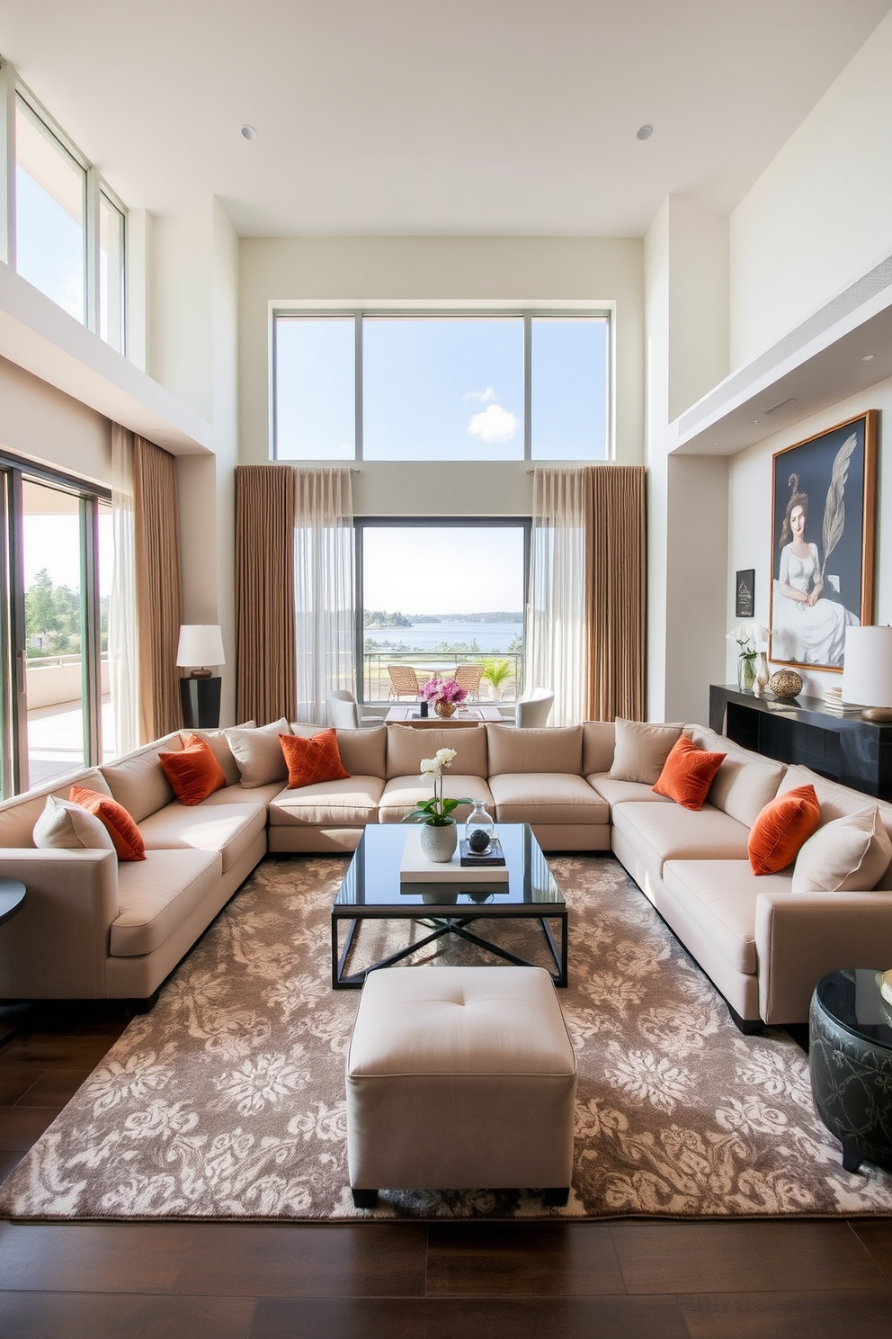 A luxurious living room with an open floor plan that invites natural light. The space features a plush sectional sofa in a neutral tone, accented by vibrant throw pillows and a chic coffee table at the center. Floor-to-ceiling windows offer a view of the outdoors, while sheer drapes add elegance. A stylish area rug anchors the seating arrangement, and decorative art pieces adorn the walls, enhancing the sophisticated atmosphere.