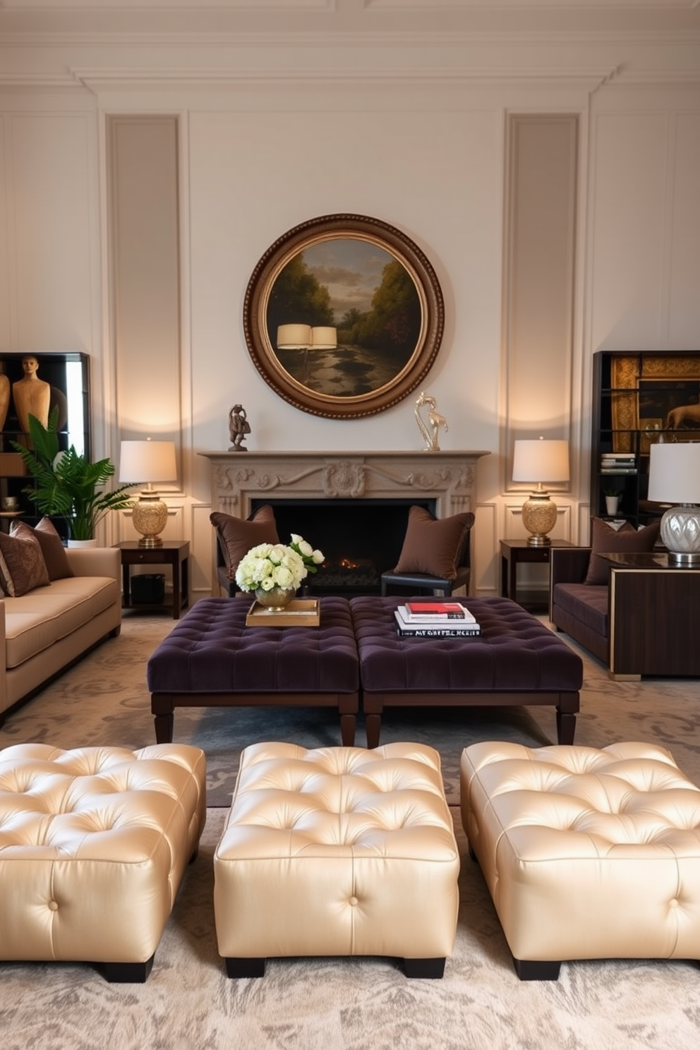 A stylish living room featuring elegant ottomans that provide extra seating options. The room is adorned with plush fabrics and a harmonious color palette that enhances the overall luxury feel.