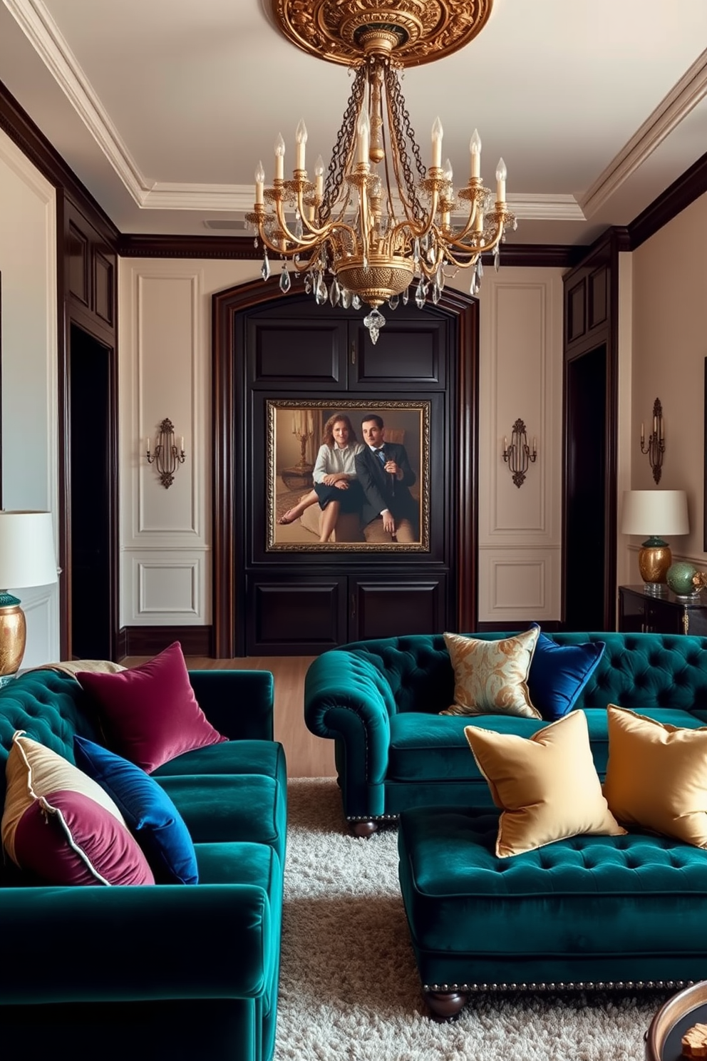 A luxurious living room featuring rich velvet sofas in deep hues such as emerald green and royal blue. The sofas are adorned with plush throw pillows in contrasting colors, creating a cozy yet opulent atmosphere. A grand chandelier hangs from the ceiling, casting a warm glow over the space. The walls are painted in a soft cream, complemented by dark wood accents and a plush area rug underfoot.