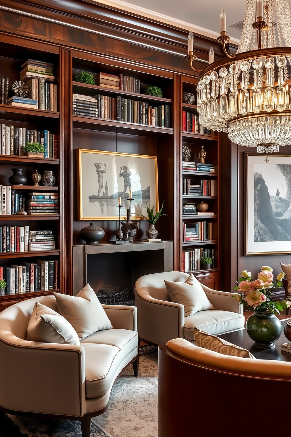 A curated collection of books displayed on elegant wooden shelves creates a sophisticated ambiance. The shelves are filled with an array of volumes, artfully arranged with decorative objects and plants interspersed for visual interest. In the luxury living room, plush seating invites relaxation while a statement chandelier hangs overhead. Rich fabrics and a muted color palette enhance the room's elegance, complemented by art pieces that reflect personal style and taste.