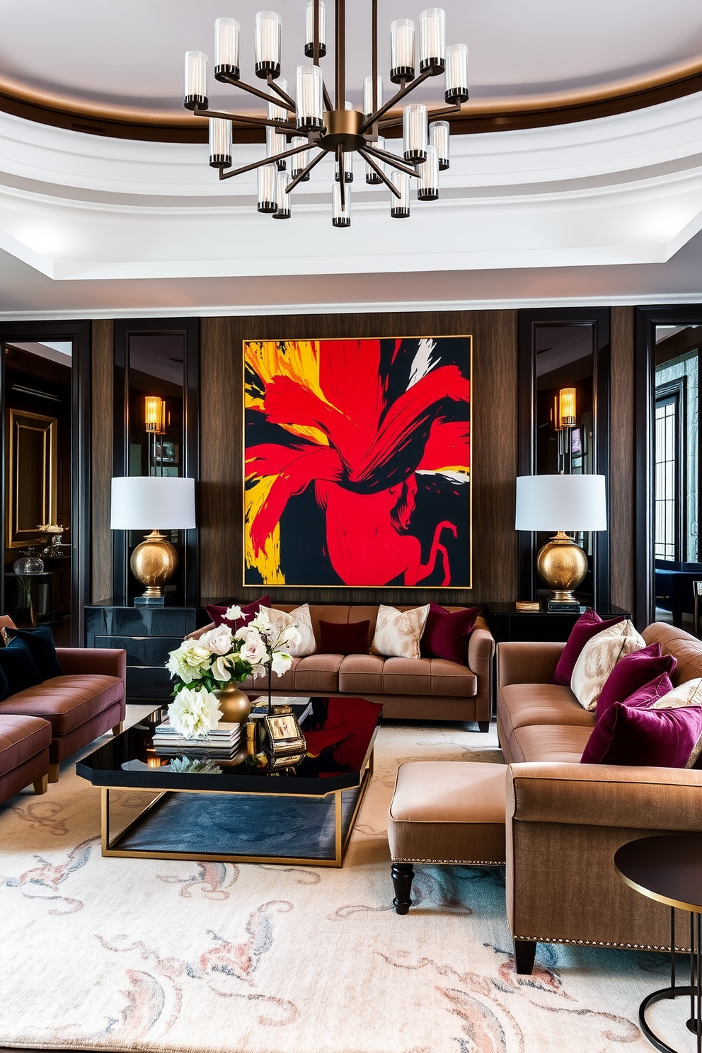 A luxury living room features bold artwork that serves as a stunning focal point. The space is adorned with plush seating in rich fabrics, complemented by an elegant coffee table and stylish lighting fixtures.