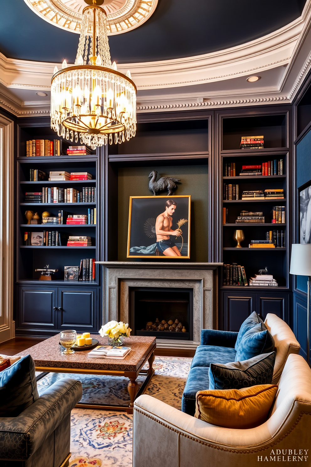 Custom built-in shelving that showcases a curated collection of books and decorative items. The shelves are designed with a mix of open and closed compartments, framed by elegant molding that complements the overall aesthetic of the room. A luxurious living room featuring plush seating with rich textures and a color palette of deep blues and golds. A statement chandelier hangs from the ceiling, illuminating the space and highlighting the carefully chosen artwork on the walls.