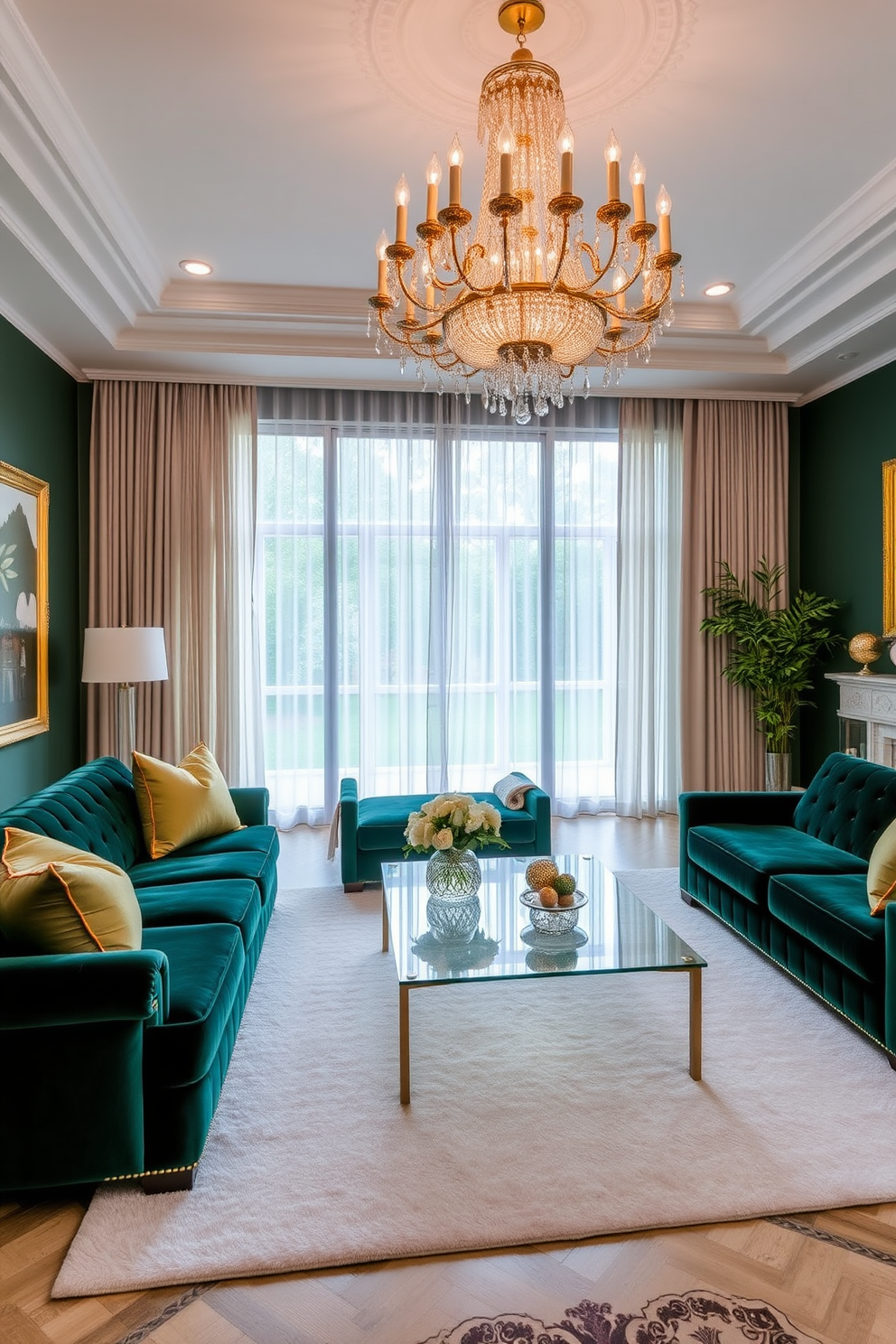 A luxurious living room featuring plush velvet sofas in deep emerald green, complemented by gold accent pillows. A sleek glass coffee table sits atop a soft cream area rug, while a statement chandelier with gold finishes hangs from the ceiling. The walls are adorned with elegant artwork in gold frames, adding sophistication to the space. Large windows draped with sheer curtains allow natural light to flood in, creating an inviting atmosphere.