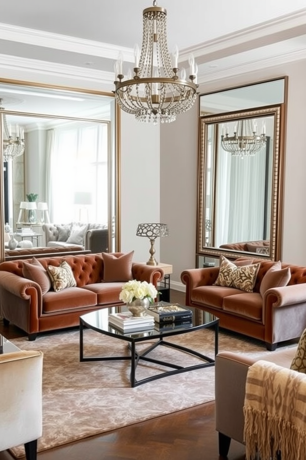 A luxurious living room featuring oversized mirrors that reflect natural light and create an illusion of more space. The room is adorned with plush velvet sofas, a statement chandelier, and a contemporary coffee table that adds elegance to the overall design. The walls are painted in a soft neutral tone, complementing the rich textures found in the furnishings. A stylish area rug anchors the seating arrangement, while decorative cushions add pops of color and comfort.