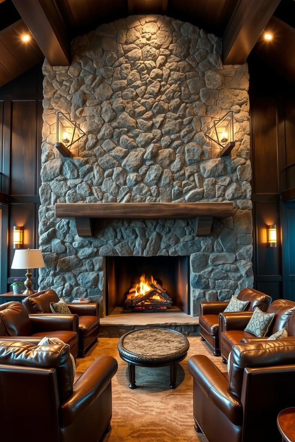 A cozy man cave featuring a grand fireplace with a stunning stone surround that serves as the focal point of the room. Surrounding the fireplace, plush seating options in rich leather invite relaxation and conversation, creating an inviting atmosphere for entertainment. The walls are adorned with dark wood paneling, enhancing the luxurious feel of the space. Ambient lighting from stylish fixtures casts a warm glow, complementing the rustic charm of the stone and wood elements.