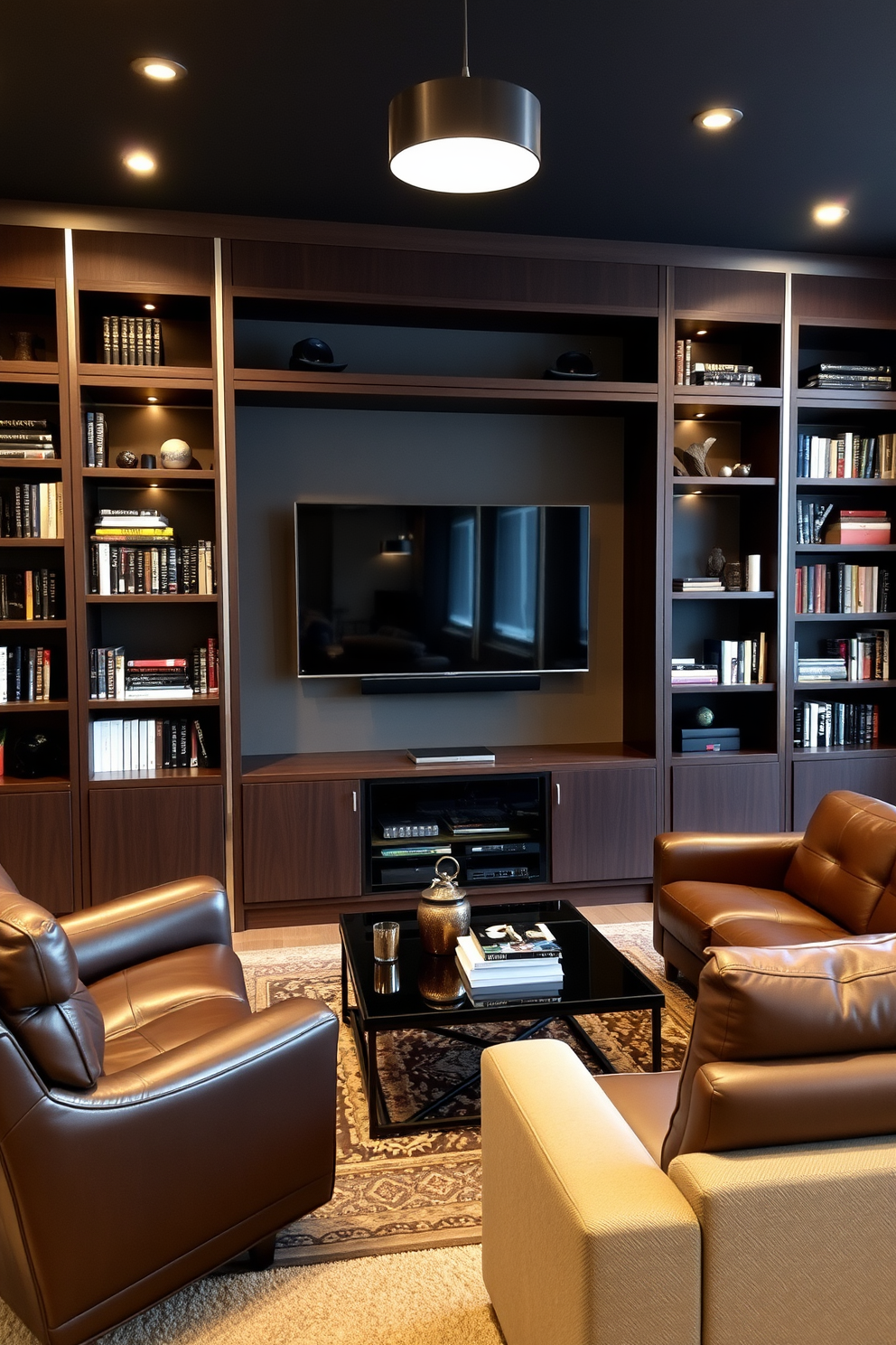 A stylish man cave featuring sleek built-in bookshelves that provide ample storage and display space for books and collectibles. The shelves are crafted from dark wood with modern metal accents, creating a sophisticated yet cozy atmosphere. Comfortable seating is arranged around a central coffee table, with plush leather sofas and a recliner for relaxation. Ambient lighting fixtures enhance the mood, while a large flat-screen TV is mounted above a contemporary media console.