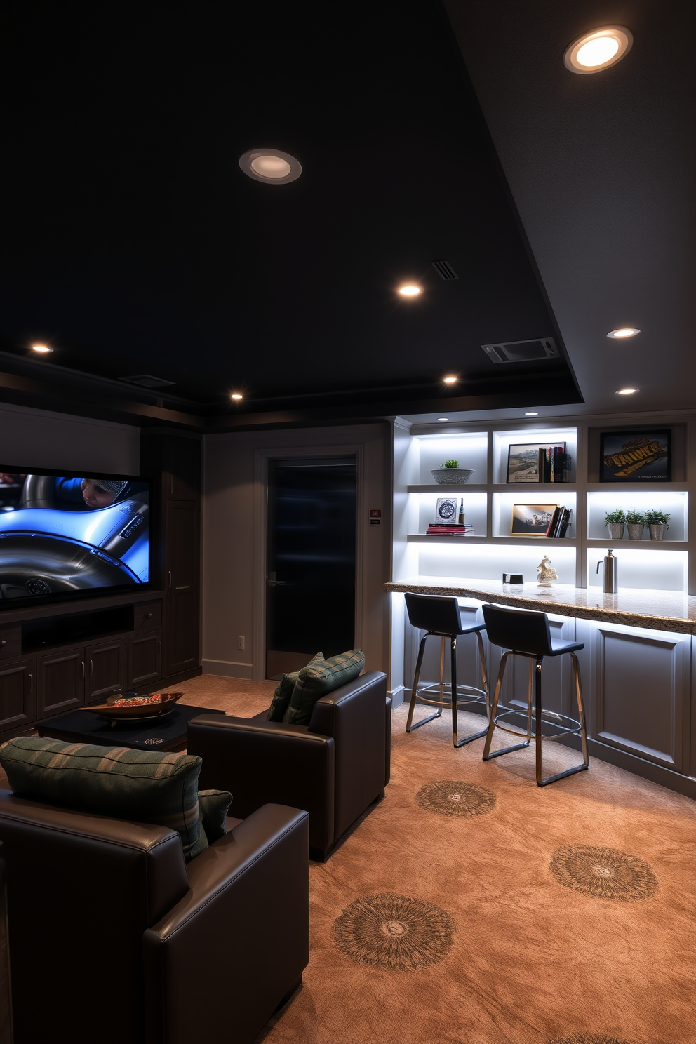 A luxurious man cave designed for relaxation and entertainment. The space features plush leather seating, a large flat-screen television mounted on the wall, and a stylish bar area with high stools. Mood lighting is integrated with smart controls to create the perfect ambiance for any occasion. Soft LED strips outline the shelves and highlight artwork, while dimmable fixtures provide adjustable illumination throughout the room.